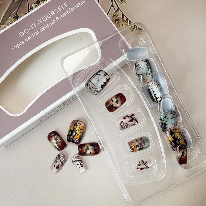 30Pcs Cat Nails Halloween Press on Nails Short Fake Nails with Goth Bat Pumpkin Spider Web Designs Silver Orange False Nails Full Cover Artificial Glue on Nails Cute Stick on Nails for Women DIY