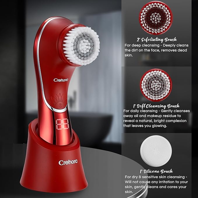 Facial Cleansing Brush, Electric Face Scrubber, Facial Cleansing Brush Rechargeable IPX-7 Waterproof Rotating Face Scrubber for Exfoliating, Massaging and Deep Cleansing with 4 Brush Heads