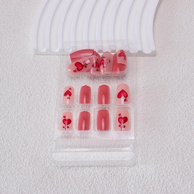 Red Press on Nails Short Square Fake Nails Heart Acrylic Nails False Nails Clossy Stick on Nails Cute Artificial Nails for Women Girls Manicure 24Pcs