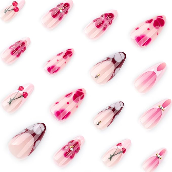 Medium Almond Press on Nails Red cherry French False Nails with 3D Designs Coffin Nails Full Cover Artificial Stick on Nails Reusable Acrylic Nails Glue on Nails for Women Manicure Kit 24PCS