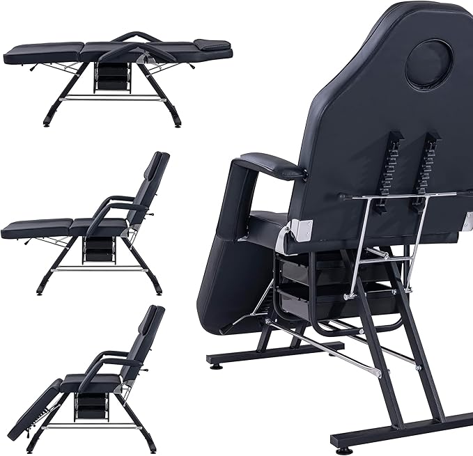 Tattoo Chair Massage Salon with Two Trays， Esthetician Bed with Hydraulic Stool,Multi-Purpose 3-Section Facial Bed Table, Adjustable Beauty Barber Spa Beauty Equipment Black
