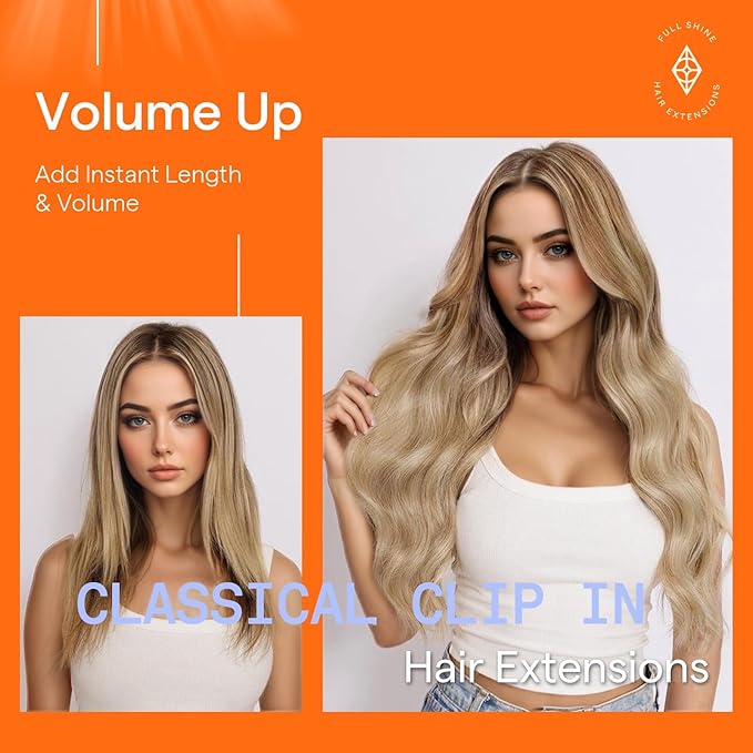 Full Shine Balayage Clip in Hair Extensions Real Human Hair Blonde Human Hair Extensions Clip ins Clip in Extensions Color 10 Fading to 16 And 16 Blonde 7 Pcs 22 Inch 120 G