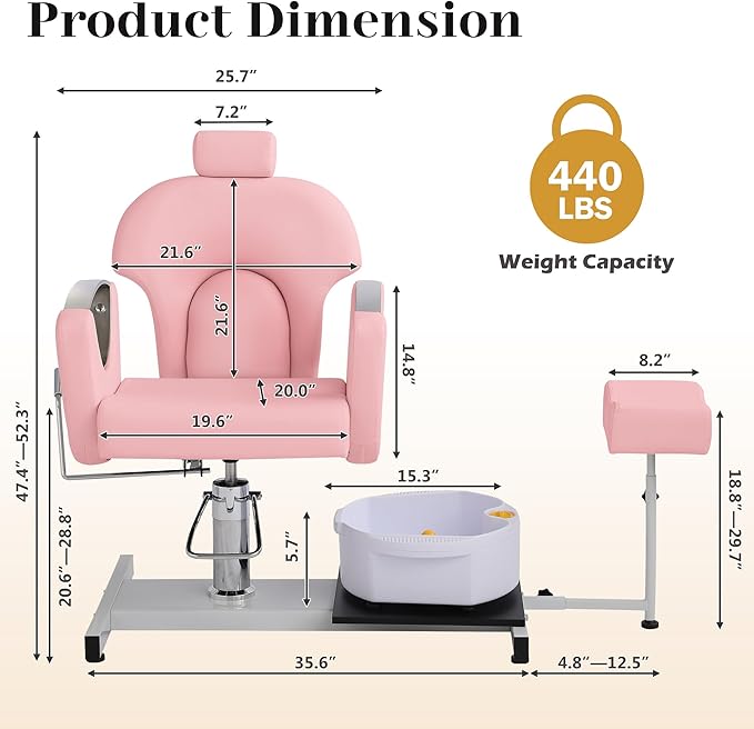 Pedicure Station No Plumbing, Hydraulic Pedicure Chair for Nail Tech, Height Adjustable Reclining Pedicure Station Unit, 360 Degree Swivel Foot Spa Chair with Massage Foot Bath (Rose Color)