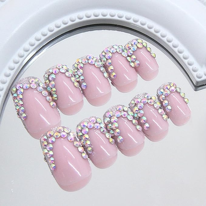 Pink Press on Nails Medium Square Fake Nails with Rhinestones Designs Glitter French Tip Nails Press ons Glossy Glue on Nails for Women 24Pcs