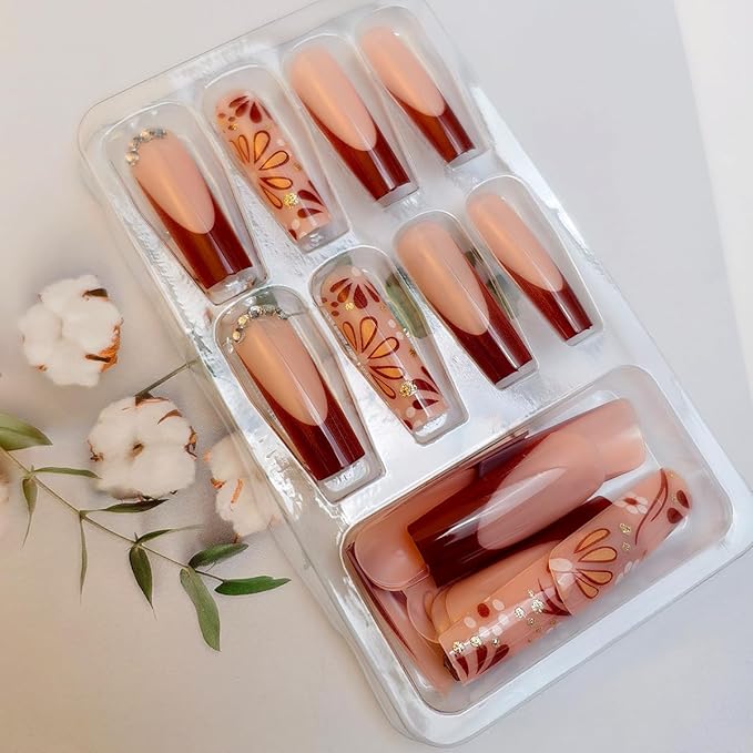 24Pcs Brown French Tips Press on Nails Long Square Fake Nails with Autumn Flower Rhinestones Designs French Flowers False Nail Full Cover Fall Glue on Nails for Women, Autumn & Winter Nail Art