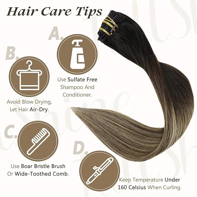 Full Shine Clip in Hair Extensions Real Human Hair Black Ombre Natural Black to Light Brown Mix Honey Blonde Human Hair Extensions Clip ins Balayage 120 G 7 Pcs 22 Inch