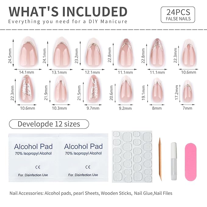 Medium Press On Nails Almond – Nude & White French Tips with Gold Foil and Glitter Accents, 24PCS Acrylic Fake Nails Kit with Glue and Tools, Elegant Glossy Stick On Nails for Women