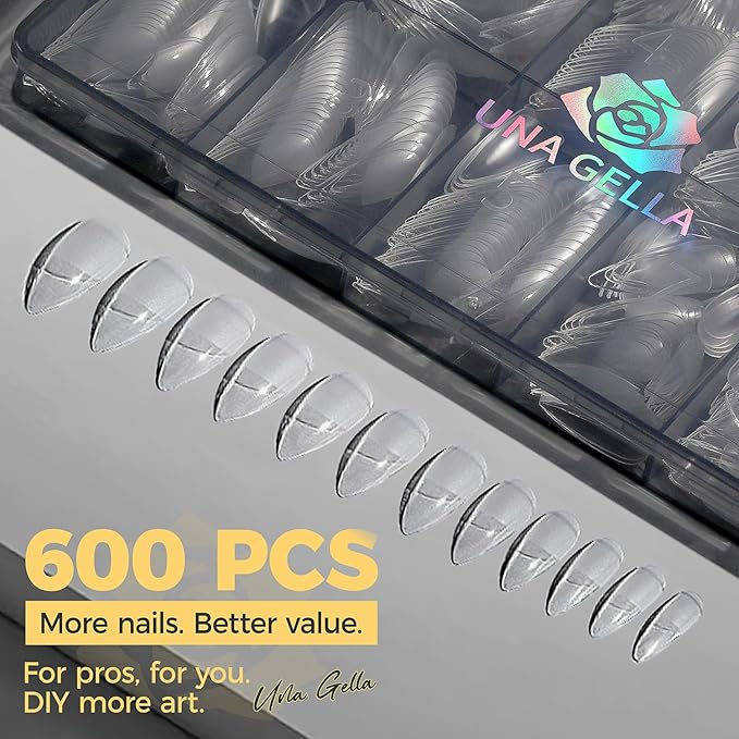 UNA GELLA Medium Stiletto Gel Nail Tips 600Pcs, Medium Stiletto Press on Nails Almond Shape Pre Etched Full Cover Soft Gel Nails Tips for Nail Extensions Christmas Art DIY Salon 12 Sizes at Home