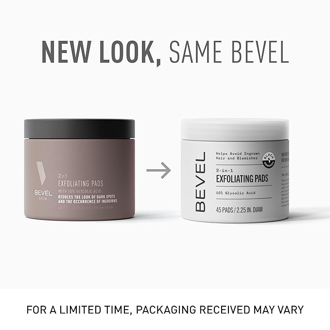 Bevel 10% Glycolic Acid Toner Pads for Face, Helps Remove Dead Skin Cells and Reduce Ingrown Hairs for Even Skin Tone and Texture, 45 Count (Packaging May Vary)
