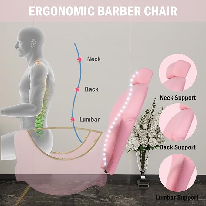 Pink Salon Barber Chair, Reclining Salon Hair Chair for Hair Stylist with Heavy Duty Pump, 360° Swivel Multi-Function Braiding Hairdresser Chair for Barbershop Home, Max to 440lbs