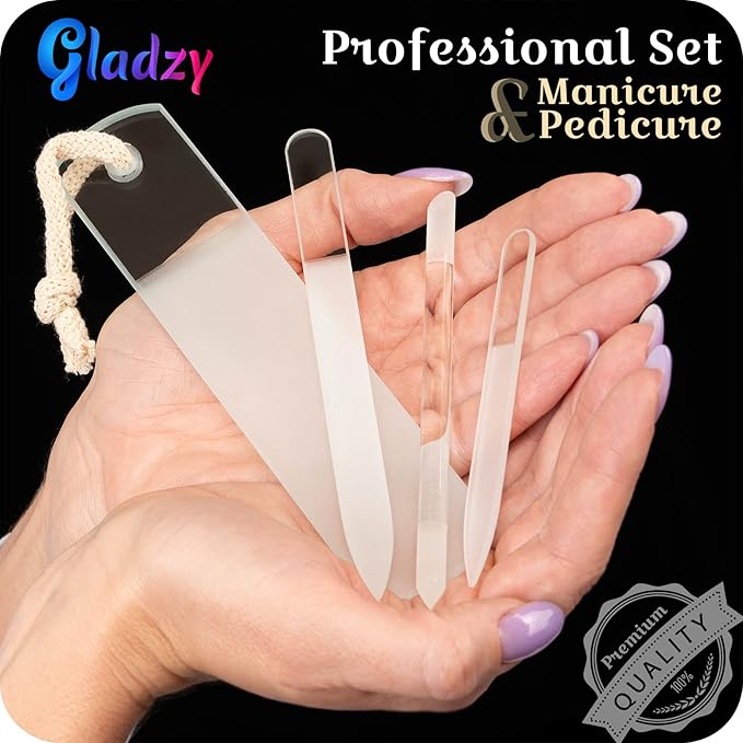 Genuine Czech Glass Nail File Set by GLADZY - Callus Remover Foot Rasp, Cuticle Pusher Manicure Stick, Double Sided Etched Different Grit Surface, Professional Nail Care Tool Kit, Made in EU