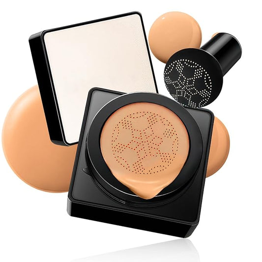 Air Cushion CC Cream Mushroom Head - Moisturizing & Oil Control Screw Lid Concealer Makeup Base, Primer Liquid Foundation Long Lasting with Mushroom Makeup Sponges for All Skin Types (Medium Deep)
