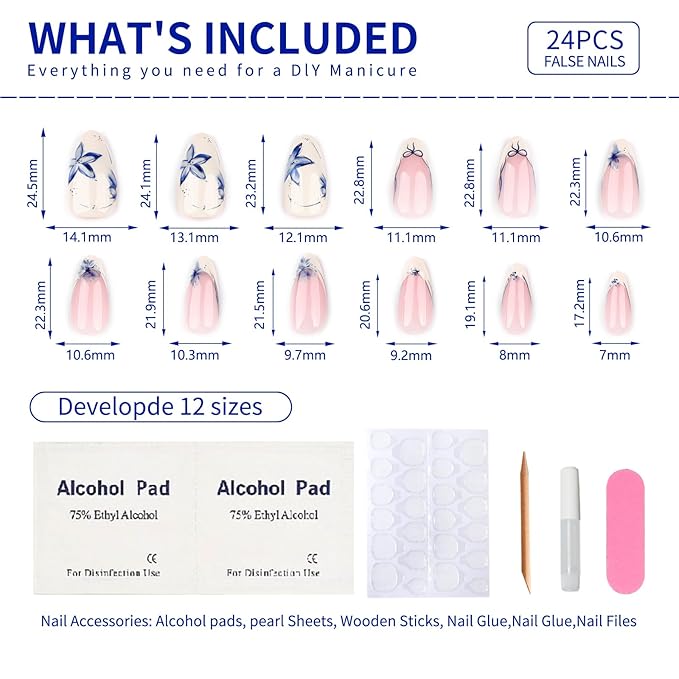 French Short Press On Nails Almond, Nude Fake Nails with Beige French Tip and Graceful Blue Floral Petal Design, Glossy Gel Finish Acrylic Nails, Natural Reusable Glue On Nails Kit for Women, 24 Pcs