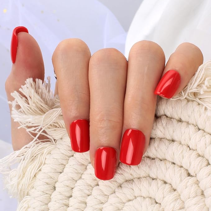 Red Press On Nails Short, Glossy Soft Gel Press On Nails Square with Nail Glue, 15 Sizes - 30 Fake Nails Kit, Thick Natural Reusable Glue On Nails for Women