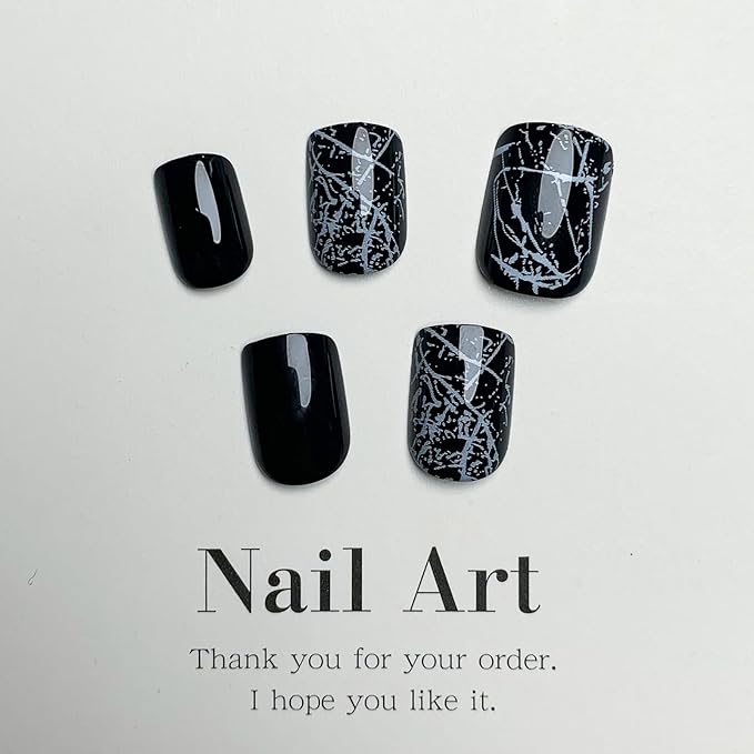 Black Press On Nails - Short Square Glossy Marble Acrylic Squoval Dark False Nails with Designs - Natural Summer Glue On Full Cover Stick On Nails for Women Girls - 24Pcs