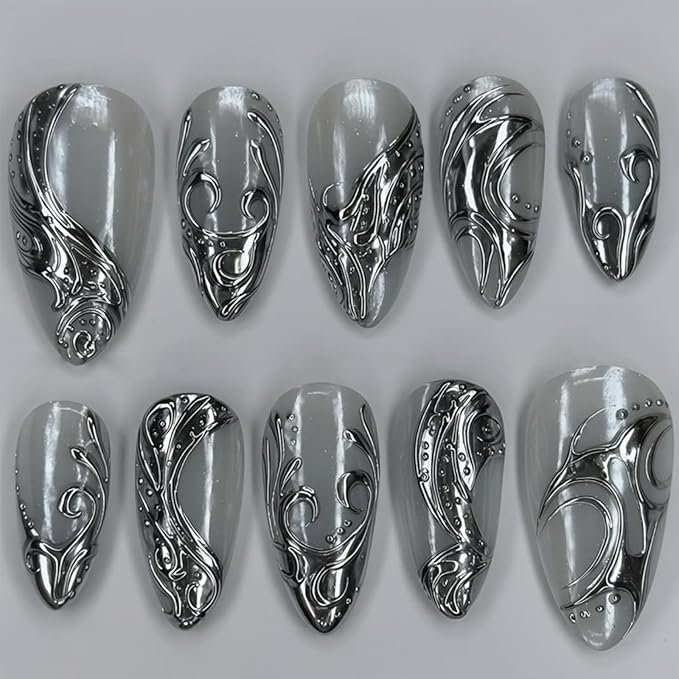 Silver Press on Nails Medium Almond Fake Nails Y2k Silver Irregular Chrome Designs Goth False Nails French Tip Full Cover Acrylic Stick on Nail Halloween Glue on Nails for Women DIY Manicure 24Pcs