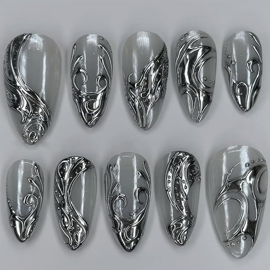Silver Press on Nails Medium Almond Fake Nails Y2k Silver Irregular Chrome Designs Goth False Nails French Tip Full Cover Acrylic Stick on Nail Halloween Glue on Nails for Women DIY Manicure 24Pcs