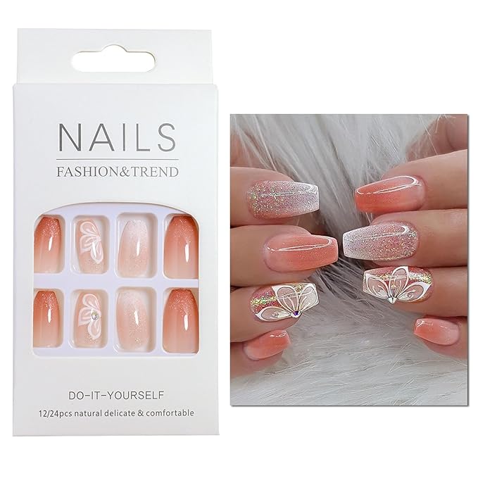 Pink Press on Nails Coffin Short Acrylic Nails Artificial False Nails with Glitter Butterfly Designs Full Cover Gradient Pink Fake Nails Short Ballerina Nails for Women