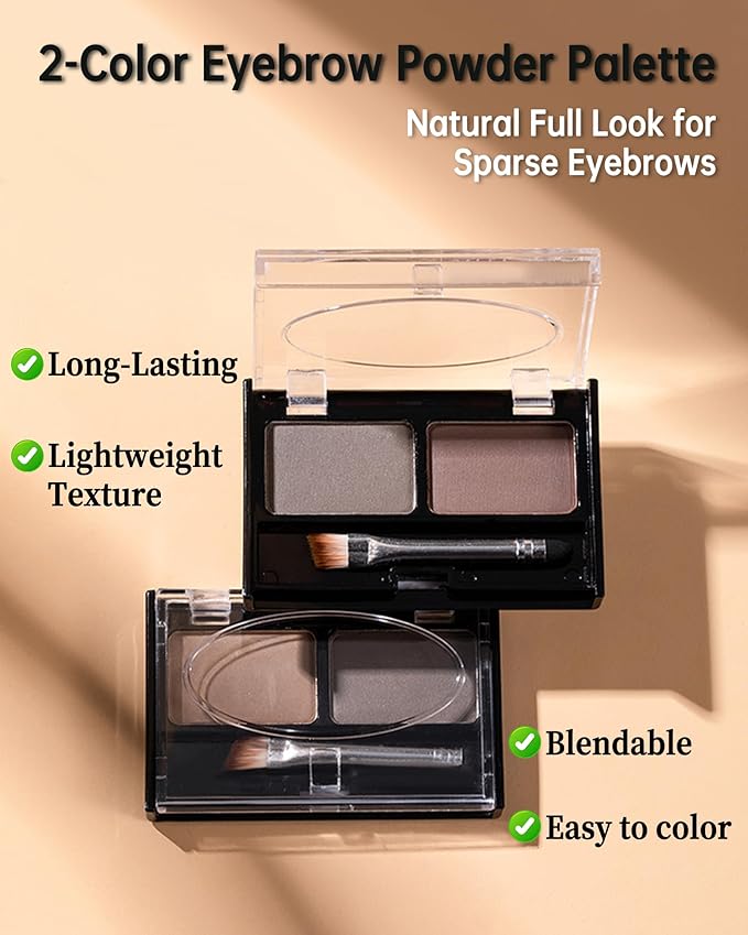 Eyebrow Powder Makeup Kit - Medium Brown+Grey, 2 Color Eye Brow Powder Palette Waterproof Long-Lasting Brow Filler, Lightweight, Easy Blend, Natural Full Look with Brush, maquillaje para cejas-02