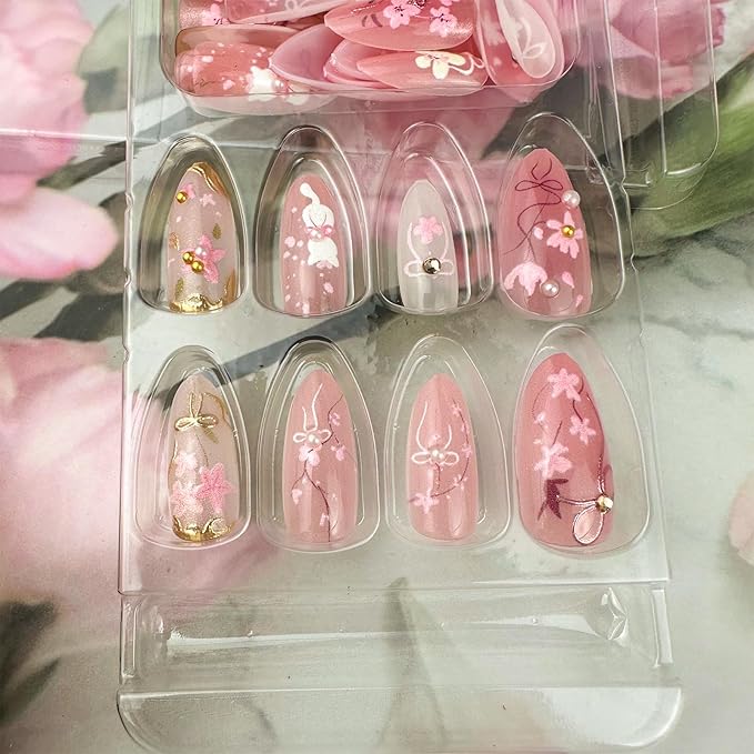 30Pcs Pink Flower Press on Nails Medium Almond Fake Nails with 3D Pearl Bow Rhinestones Design Gilding Peach Blossom False Nails Cute Cat Spring Floral Stick on Nails for Women Summer Decor