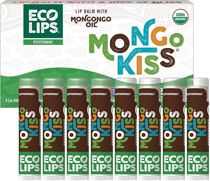 Mongo Kiss USDA Organic Lip Balm Set 8-pack (0.15 oz. each) with Mongongo Oil & Cocoa Butter to Moisturize Chapped Lips | Made in USA by Eco Lips - Peppermint