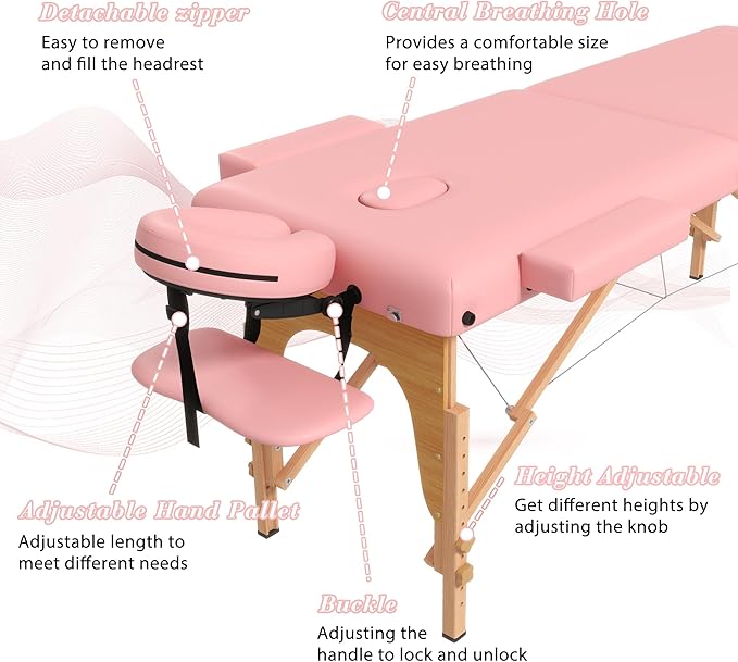 Massage Table Massage Bed, Portable 2 Section Foldable Tattoo Bed, Height Adjustable Lash Spa Bed with Face Cradle, Home Light Weight Facial Salon Bed with with Wood Frame, Light Pink