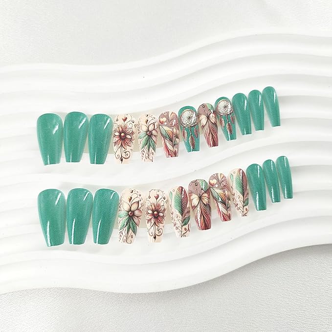 24Pcs Press on Nails Coffin Medium Fake Nails Fall Flower Designs Glossy Green Brown Nail Press ons Artificial Glue on Nails Feathered Stick on Nails Butterfly Pattern Art for Women Winter Manicure