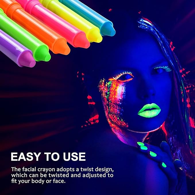 12 Pcs Glow in The Light Body Face Paint, Face Painting Kit, UV Crayons Kit Fluorescent Body Paints for Adults for Birthday Party Halloween Masquerade Makeup Outdoor for Kids