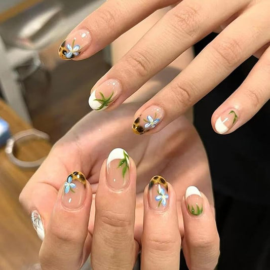 Leopard Print Press on Nails White French Tip Fake Nails Short Almond False Nails with Flower Design Nude Glue on Nails Glossy Acrylic Full Cover Green Grass Stick on Nails for Women Manicure