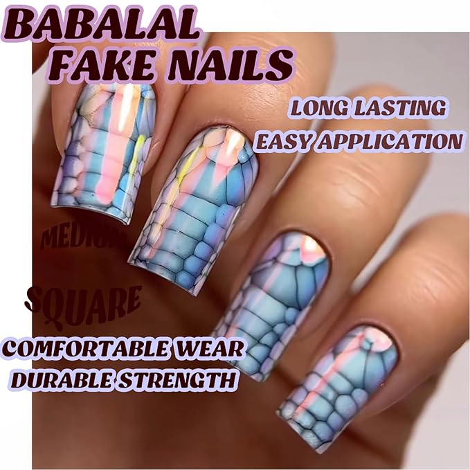 BABALAL Press on Nails Medium Square Fake Nails Blue Glue on Nails Snake Print Goth Acrylic Nails Chrome False Nails 24Pcs Squoval Manicure Stick on Nails Cyber Artificial Nails