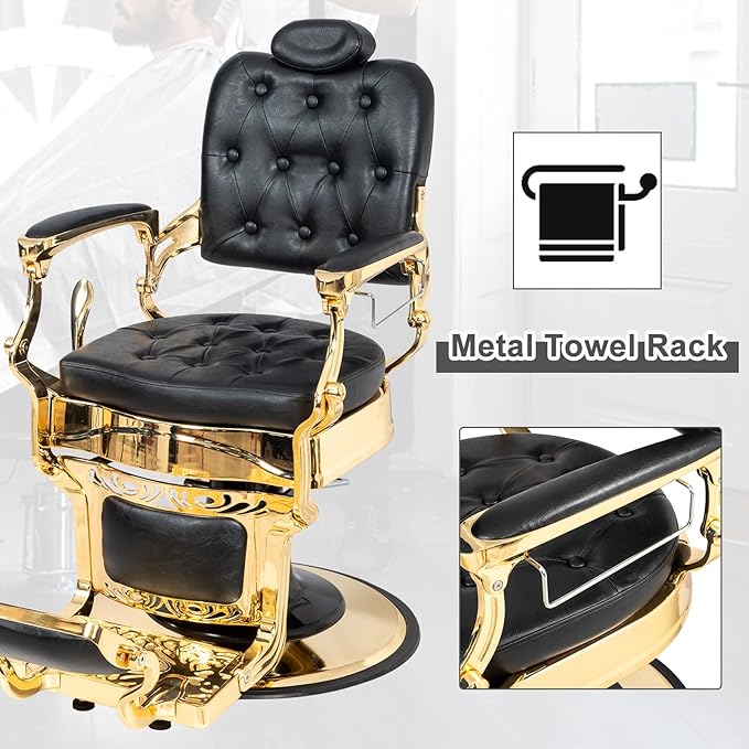 Winado Heavy Duty Vintage Recline Barber Chair Hydraulic with Headrest, Supports up to 700lbs & 360° Rotatable, Professional Salon Beauty Spa Shampoo Equipment (Gold - Square Backrest)