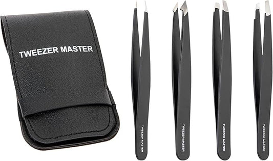 – Professional Tweezer Set [Black] – Stainless Steel Slant & Pointed Tips for Eyebrow & Facial Hair Removal – Rust-Resistant Grooming Tool with Travel Case