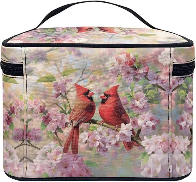 Cardinal Pink Cherry Blossom Print Travel Makeup Bags for Women Portable Tote Cosmetic Case with Carry Handle Toiletry Accessories Storage Organizer Bags