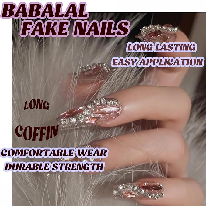 BABALAL Luxury Press on Nails Long Coffin Fake Nails Pink Glitter Glue ons Nails Rhinestone Full Cover Acrylic Nails 24Pcs Bling Stick on False Nails Ballerina Nails Press on