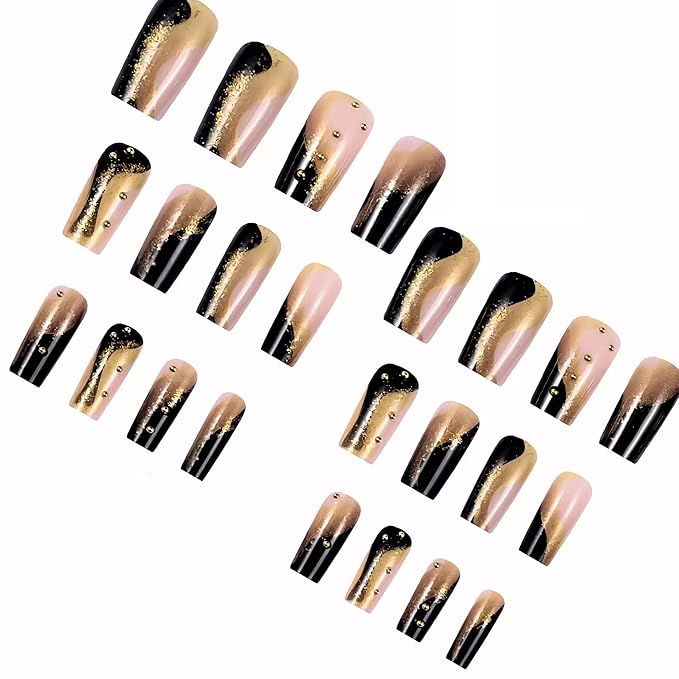 BABALAL Press on Nails Long Square Fake Nails Black Gold Glue ons Glitter Shine Acrylic Nails Metallic Ball Charm Design Squoval Nail Supplies 24Pcs Manicure DIY Stcik on False Nail Art