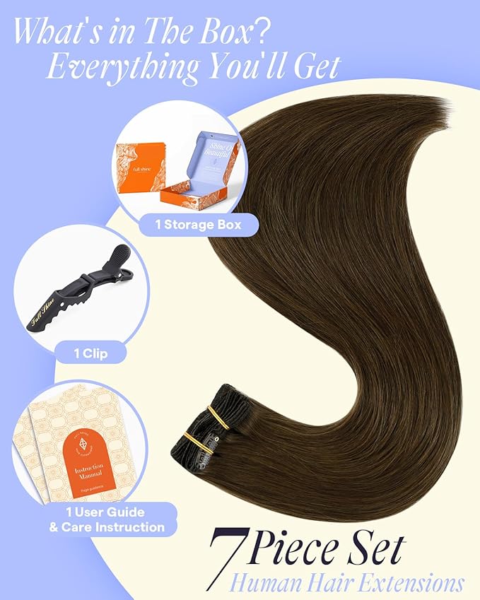 Full Shine Light Brown Real Hair Extensions Clip in Human Hair 150G Clip in Hair Extensions Real Human Hair 22 Inch 7 Pcs