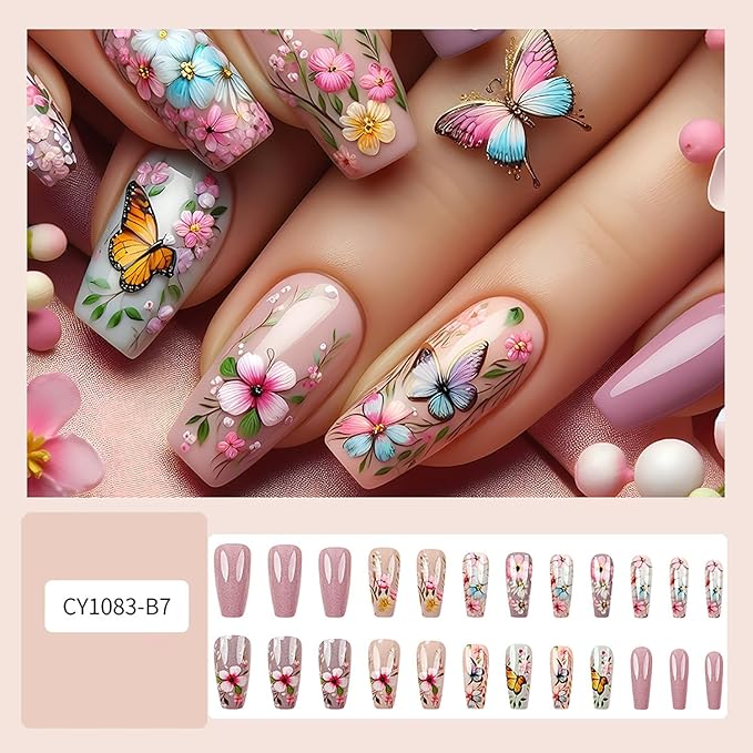 Flower Press on Nails Medium Ballet Shaped Colorful Floral Butterfly Pattern Design Spring Summer False Nail Full Cover Artificial Stick on Nails Press Ons Glossy Glue on Nail for Women