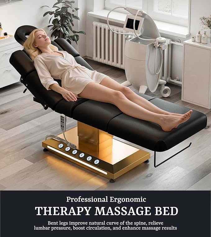 Icoget Professional Full Electric Spa Massage Treatment Table, Medical Bed with Independent Leg Adjustment, Facial Bed with Face Cradle for Beauty, Black