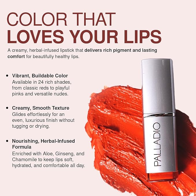 Palladio Herbal Lipstick, Rich Pigmented and Creamy, Infused with Aloe Vera, Chamomile & Ginseng, Prevents Lips from Drying, Combats Fine Lines, Long Lasting Lipstick, Rosebud