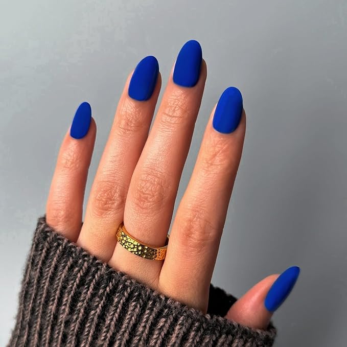 Matte Royal Blue Press on Nails Short Almond Fake Nails Press ons, Thick Solid Color Glue on Nails Short False, Medium Almond Oval Round Shaped for Women, 24Pcs Natural Acrylic Gel Nail