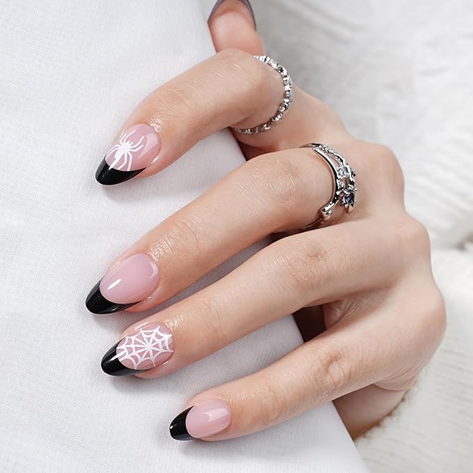 Spider Press On Nails Short Almond Spider Fake Nails with Spider Design, Black French Tip Press On Nails Reusable Stick On Nails in 16 Sizes, 32pcs False Nail Kit for Women & Girls