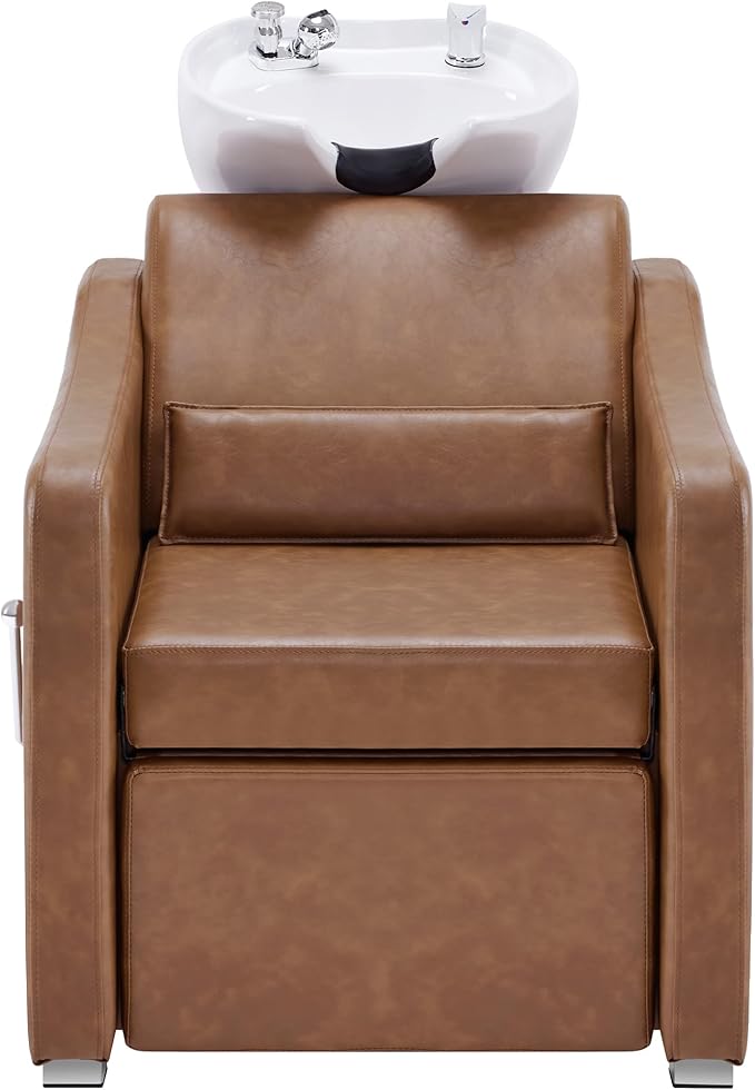 BarberPub Backwash Shampoo Station Chair, Adjustable Porcelain Ceramic Hair Wash Bowl with Chair, Shampoo Station for Barber Shop, Spa Beauty Salon Equipment 9364 (Brown)
