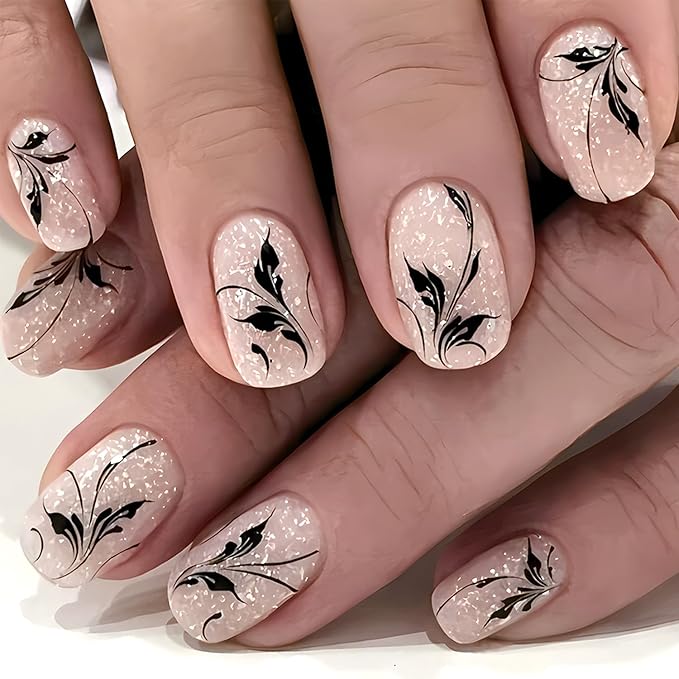 Fall Leaves Press on Nails Short Square False Nails With Glitter Design Full Cover Glue on Nail Reusable Black Leaves Acrylic Fake Nails Glossy Artificial Stick on Nail for Women