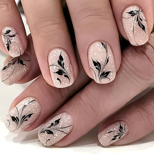 Fall Leaves Press on Nails Short Square False Nails With Glitter Design Full Cover Glue on Nail Reusable Black Leaves Acrylic Fake Nails Glossy Artificial Stick on Nail for Women