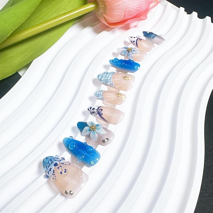 30pcs Blue Flower Press on Nails Medium Almond Fake Nails with Shell Floral Pearl Designs French Tip False Nails Kit Summer Beach Acrylic Nail Tips Full Cover Glue on Nails for Women