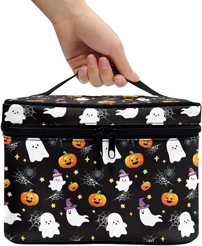 Halloween Travel Makeup Bags for Women Bat Pumpkin Spider Web Pattern Portable Tote Cosmetic Case with Carry Handle Toiletry Accessories Storage Organizer Bags