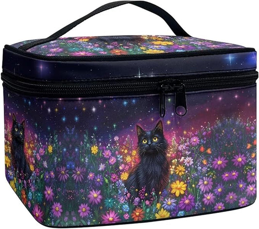 Black Cat Colorful Daisy Flower Print Travel Makeup Bags for Women Portable Tote Cosmetic Case with Carry Handle Toiletry Accessories Storage Organizer Bags
