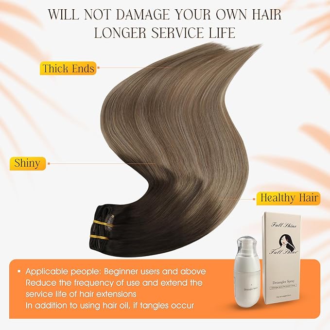 Full Shine Clip in Hair Extensions Ombre Human Hair Dark Brown to Ash Brown With Blonde Real Hair Extensions Clip ins 14 Inch 7 Pcs 120 G