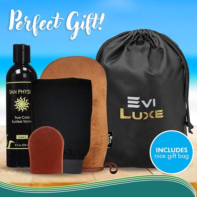 Tan Physics & EviLuxe Deluxe Tanning Mitt Bundle (5pcs) – Face & Body Tanner Mitts, Exfoliation Glove, Storage Bag & 8oz True Color Sunless Tanning Lotion – For Flawless Sun Kissed Skin All Year Long