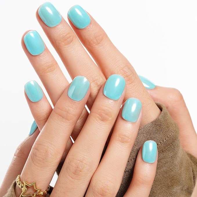 GLAMERMAID Extra Short Press on Nails 24PCS, Handmade Light Blue Chrome Fall Gel Glue on Nails, Glossy Round Reusable UV Finish Fake Nails Acrylic False Nails Manicure Kits for Women